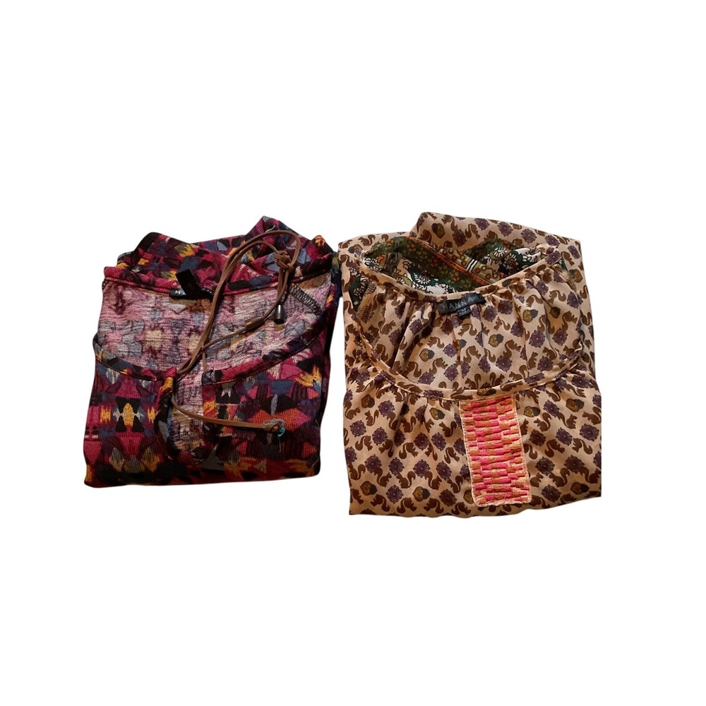 2‎ HANNAH Boho Embroidered Peasant Blouse Top Women's M Beige Floral Print
